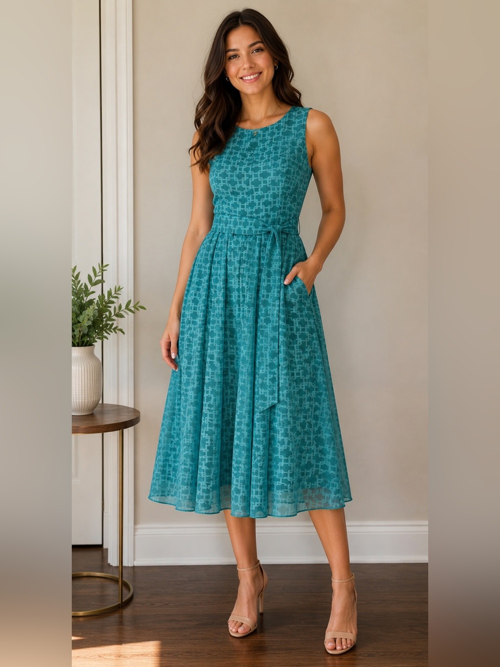Isaac Mizrahi Teal Geometric Sleeveless Dress